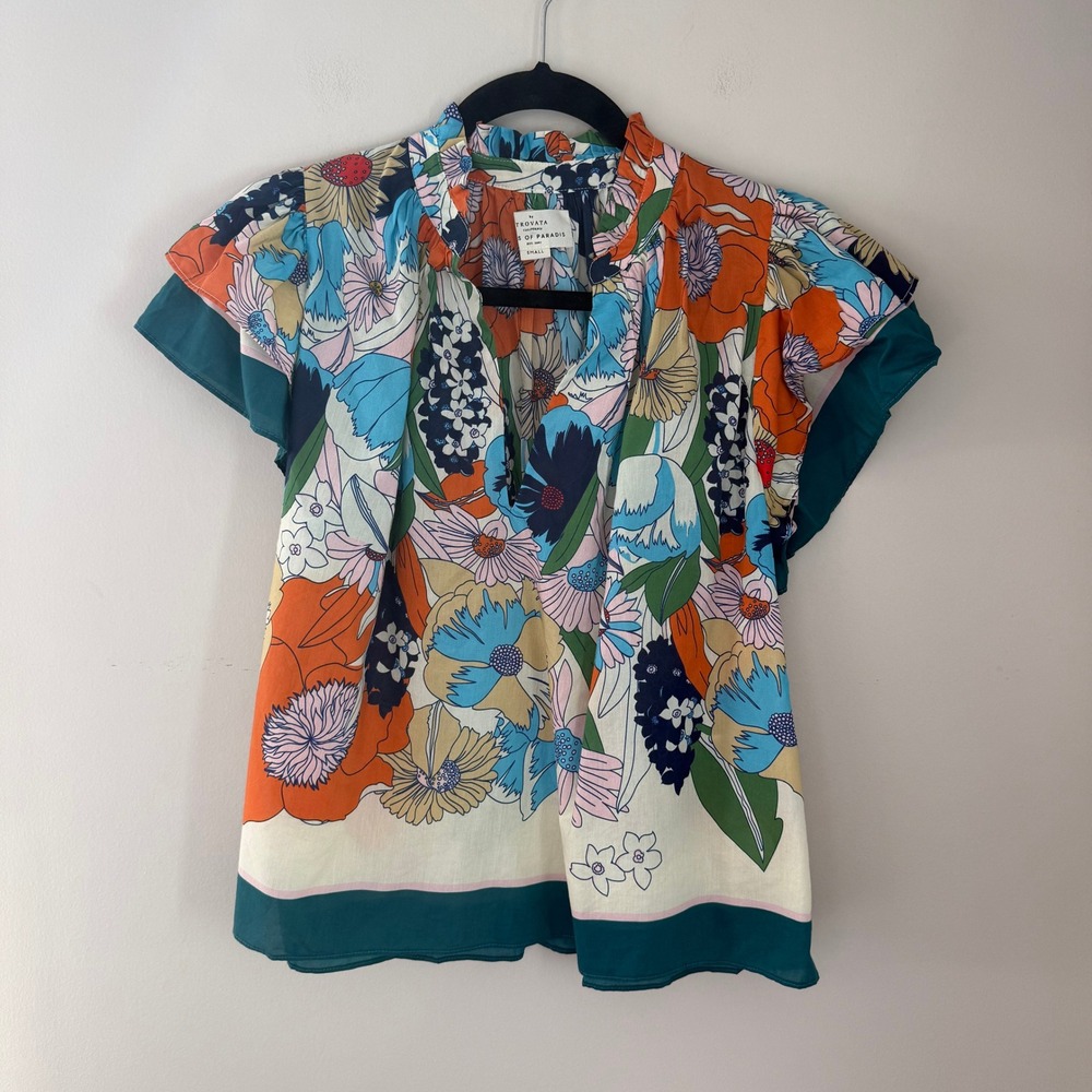 Trovata Birds of Paradis Floral Cotton Silk Flutter Sleeve Top Small Teal Orange
